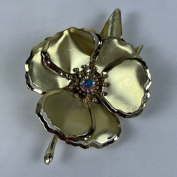Vintage Brooch Pin Big Gold Tone Flower Blossom Aurora Borealis 3.5” - Picture 4 of 5